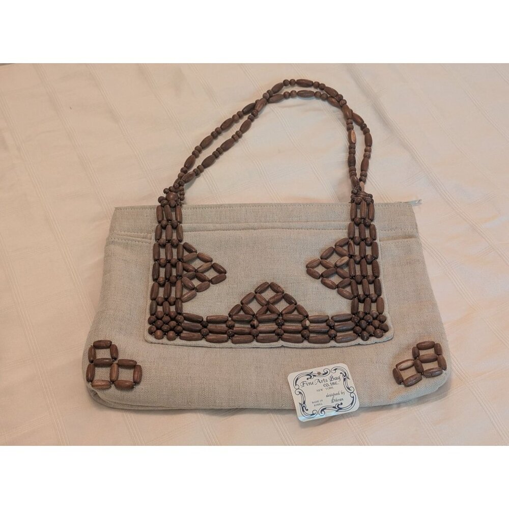 Vntg Fine Arts Bag Co Beige Linen & Wood Bead Purse Tote Zips Close Dual Handles